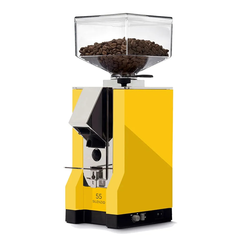 A Eureka Mignon Silenzio 55mm Grinder in yellow, by Eureka, is shown with a clear hopper holding coffee beans, a stainless steel front panel, and control knobs at the base, all set against a white background.