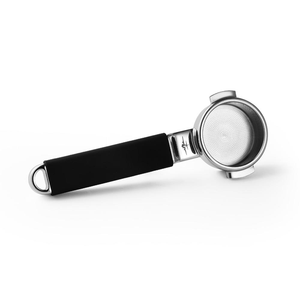 The MHW-3BOMBER YU Series Unibody Bottomless Portafilter 58mm has a stainless steel body, black handle, and precision filter holes for optimal extraction, shown against a white background.