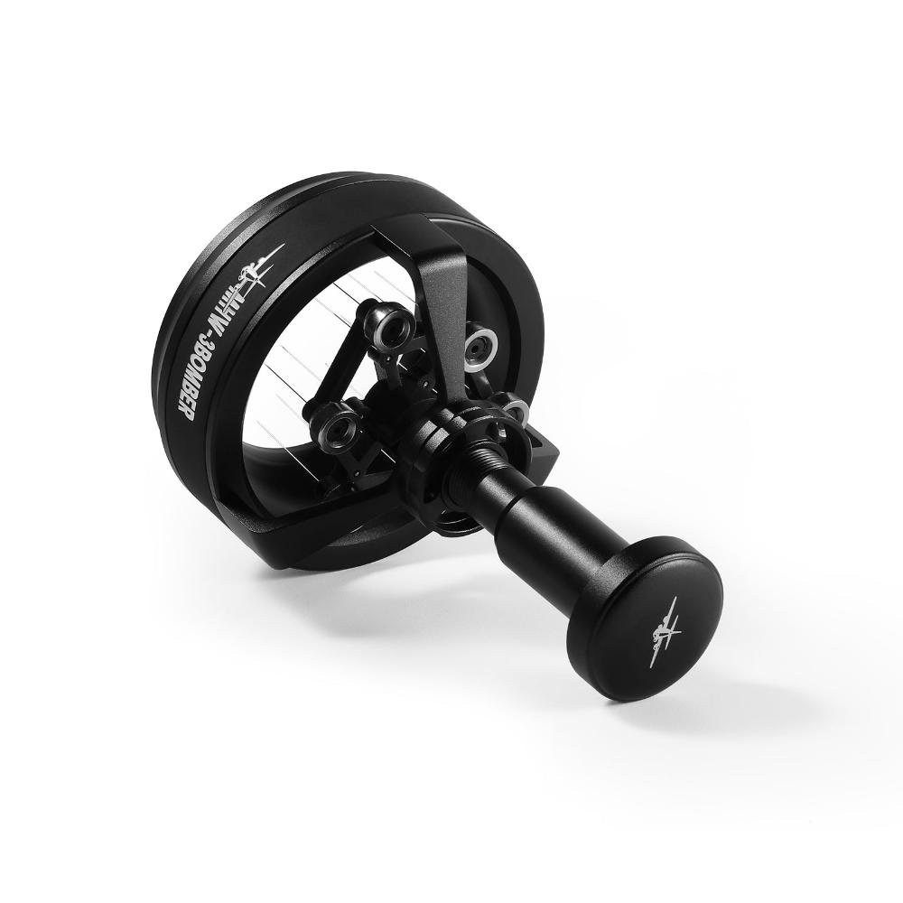 The MHW-3BOMBER YU-Series Cyclone Needle WDT Distributor Tool 58mm (Black) is a handheld kitchen tool with multiple stainless steel needles and a round handle featuring a white logo and text.
