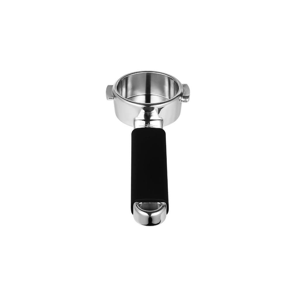 The MHW-3BOMBER YU Series Unibody Bottomless Portafilter 58mm with a black handle is centered against a plain white background, designed for optimal extraction efficiency.