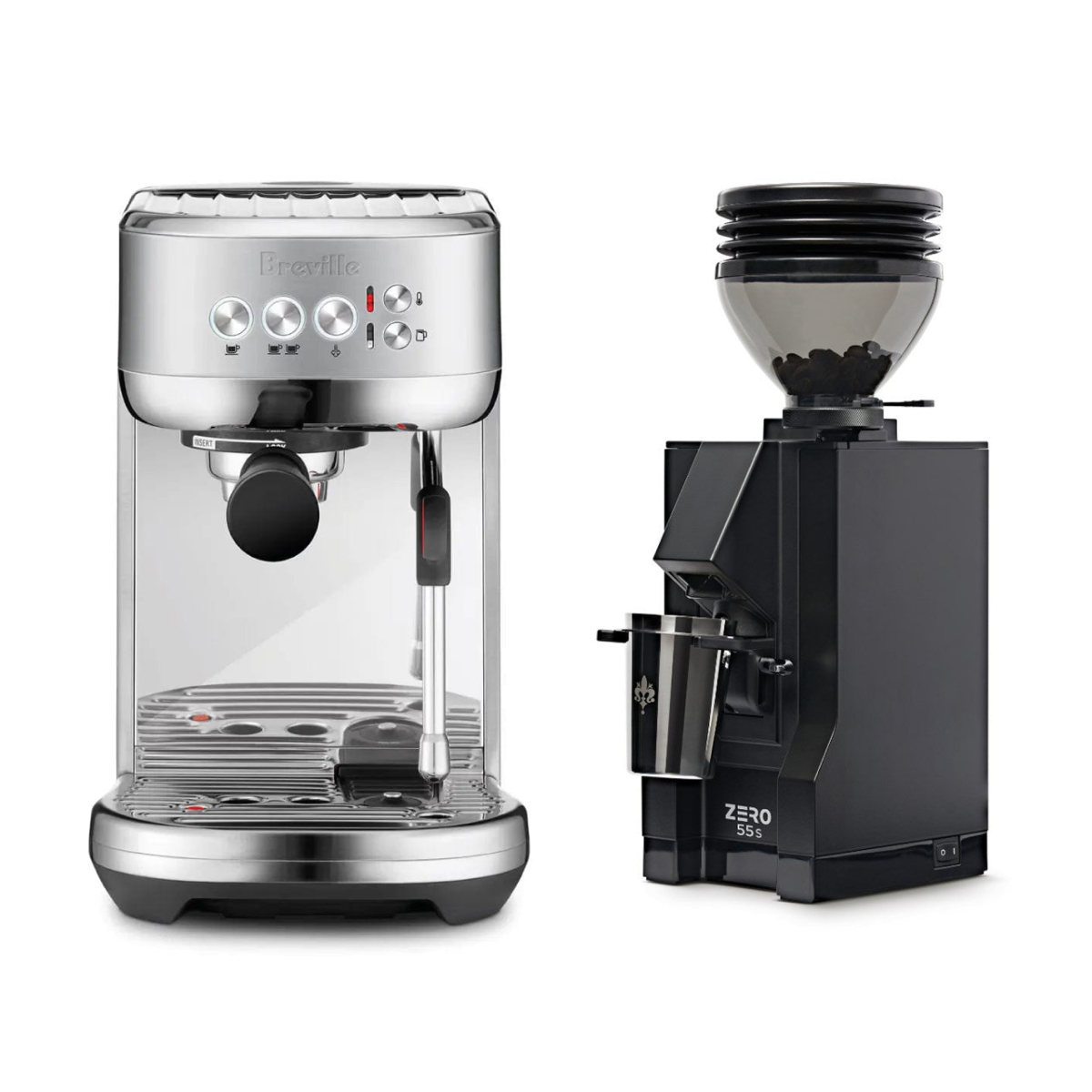 Breville Bambino Plus Espresso Machine (Brushed Stainless Steel) and Eureka Mignon Zero 55s Grinder (Matte Black) Bundle