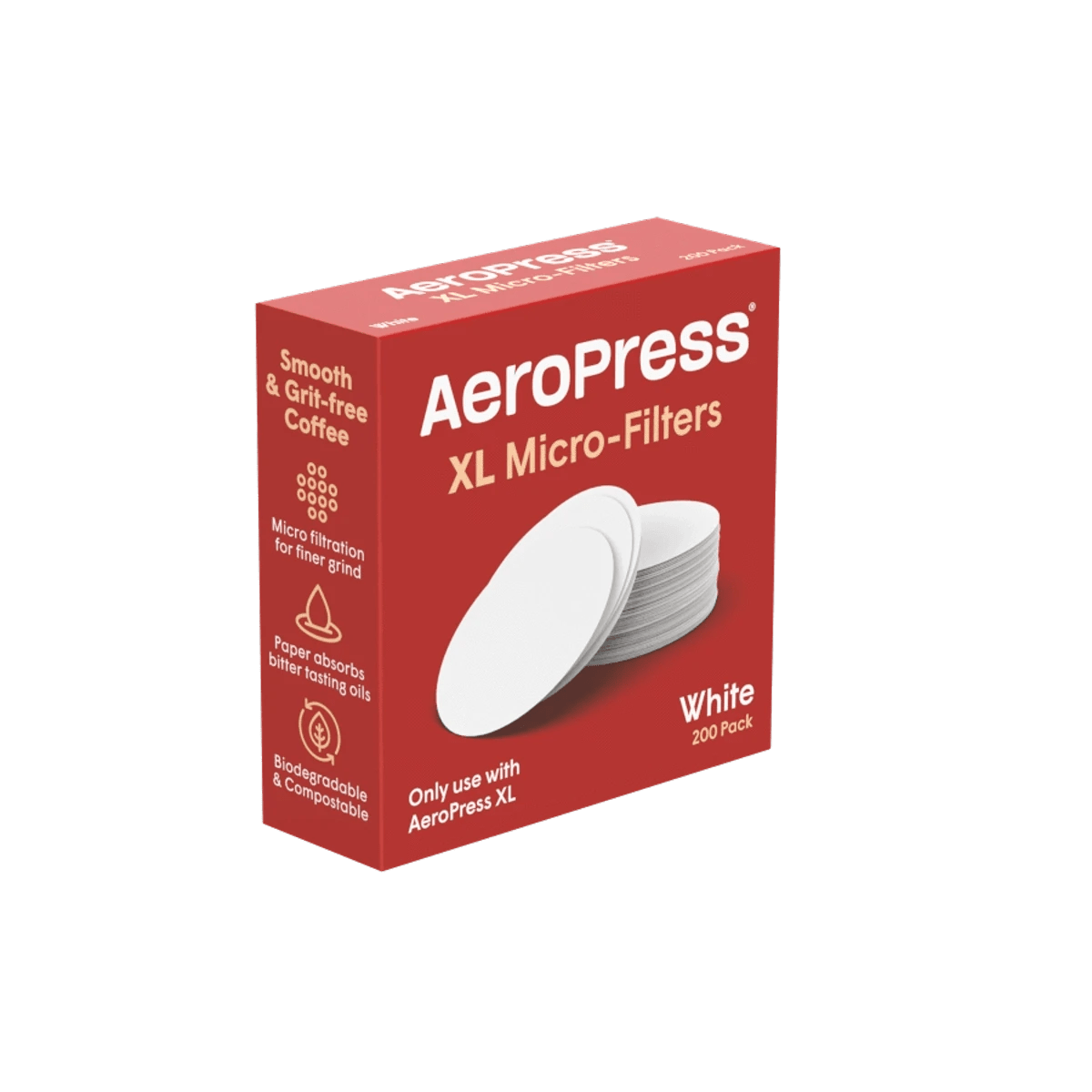 AeroPress XL Micro-Filters (1 Pack, 200 Count) by AeroPress come in a red box showing stacked white filters, labeled "Smooth & grit-free coffee," "200 pack," and highlighting these biodegradable micro-filtration filters for AeroPress XL.