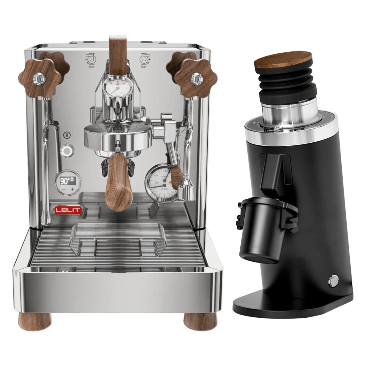 The Lelit Bianca 3 PL162T Espresso Machine and DF64 Gen2 With DLC Burrs Grinder (Black) Bundle by Lelit is displayed on a white background, making it ideal for any home espresso setup.