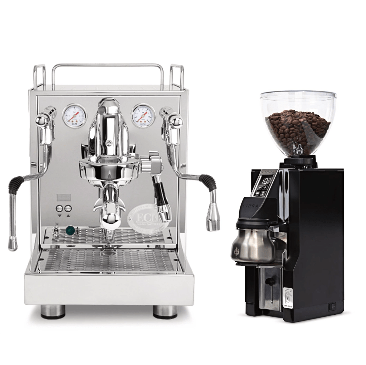 An ECM Mechanika Max Espresso Machine sits beside a black Eureka Mignon Libra 65 grinder, both included in the ECM bundle, with the espresso machine featuring dual gauges and a steam wand.