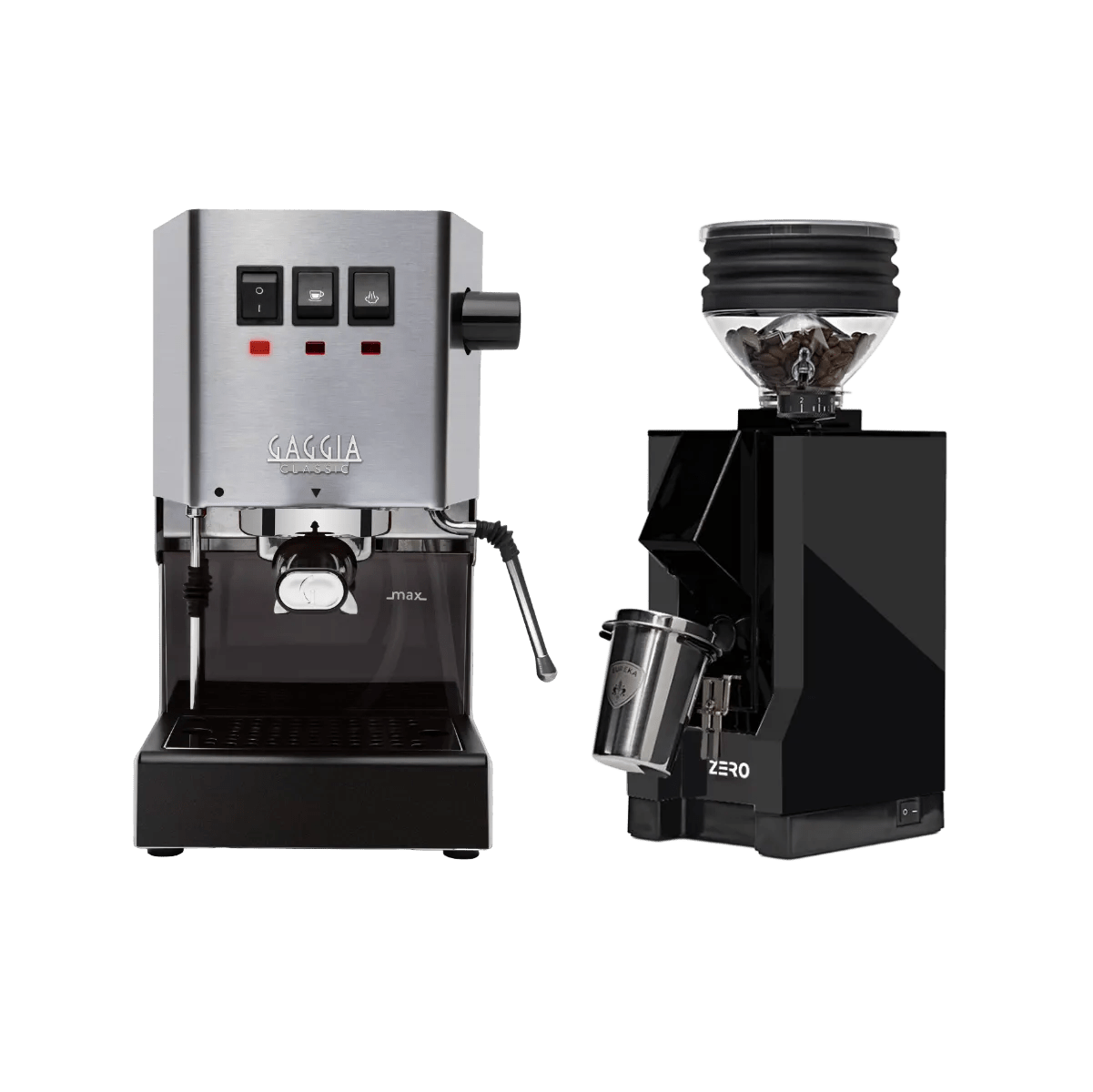 Gaggia Classic E24 Stainless Steel & Eureka Mignon Zero 55 Matte Black with Black Spout Grinder Bundle Espresso Machine Gaggia