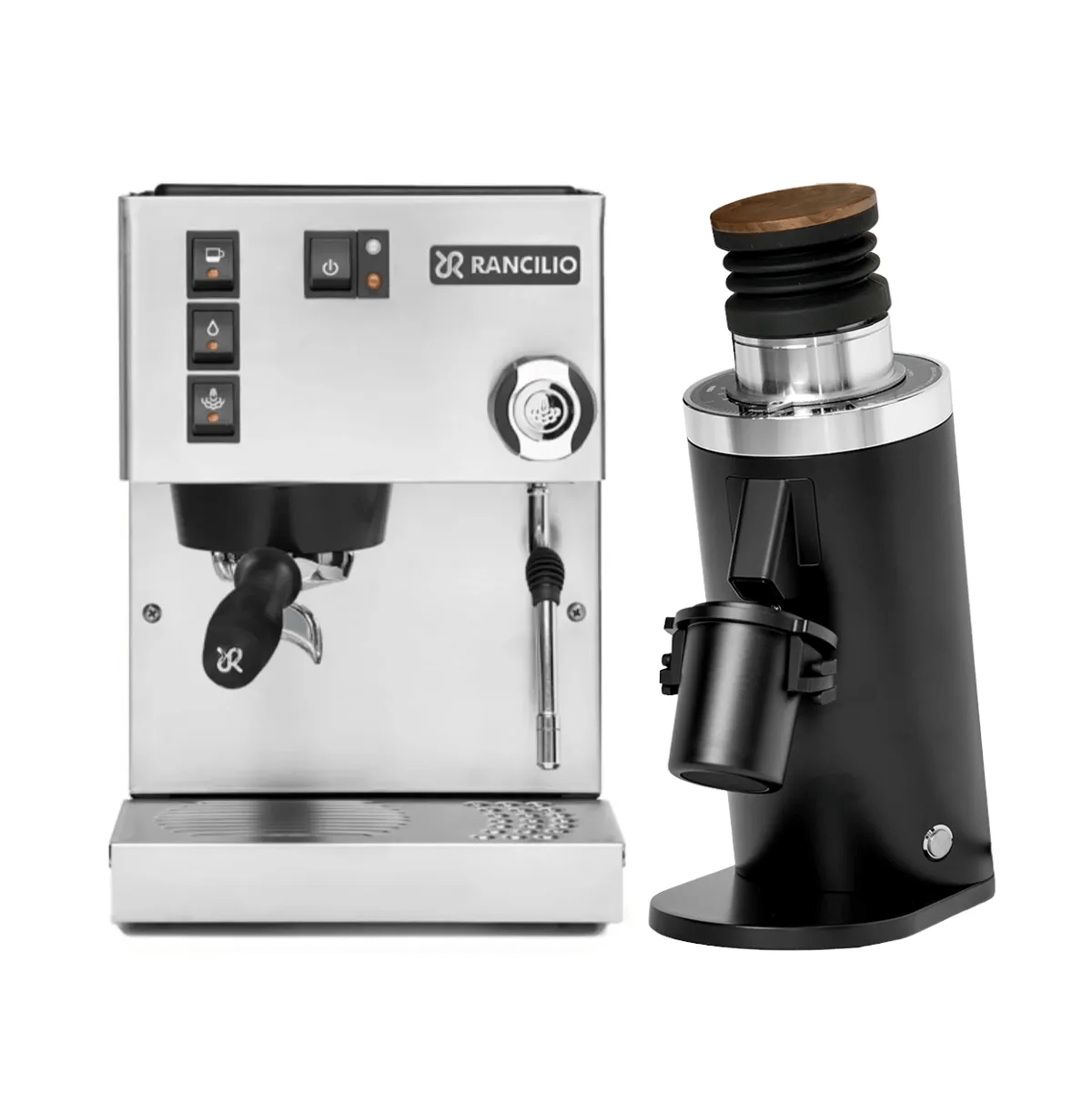 The Rancilio Silvia M V6 Espresso Machine in silver stainless steel sits beside the DF64 Gen 2 Grinder with DLC burrs (black) in this striking bundle, both showcased against a white background.