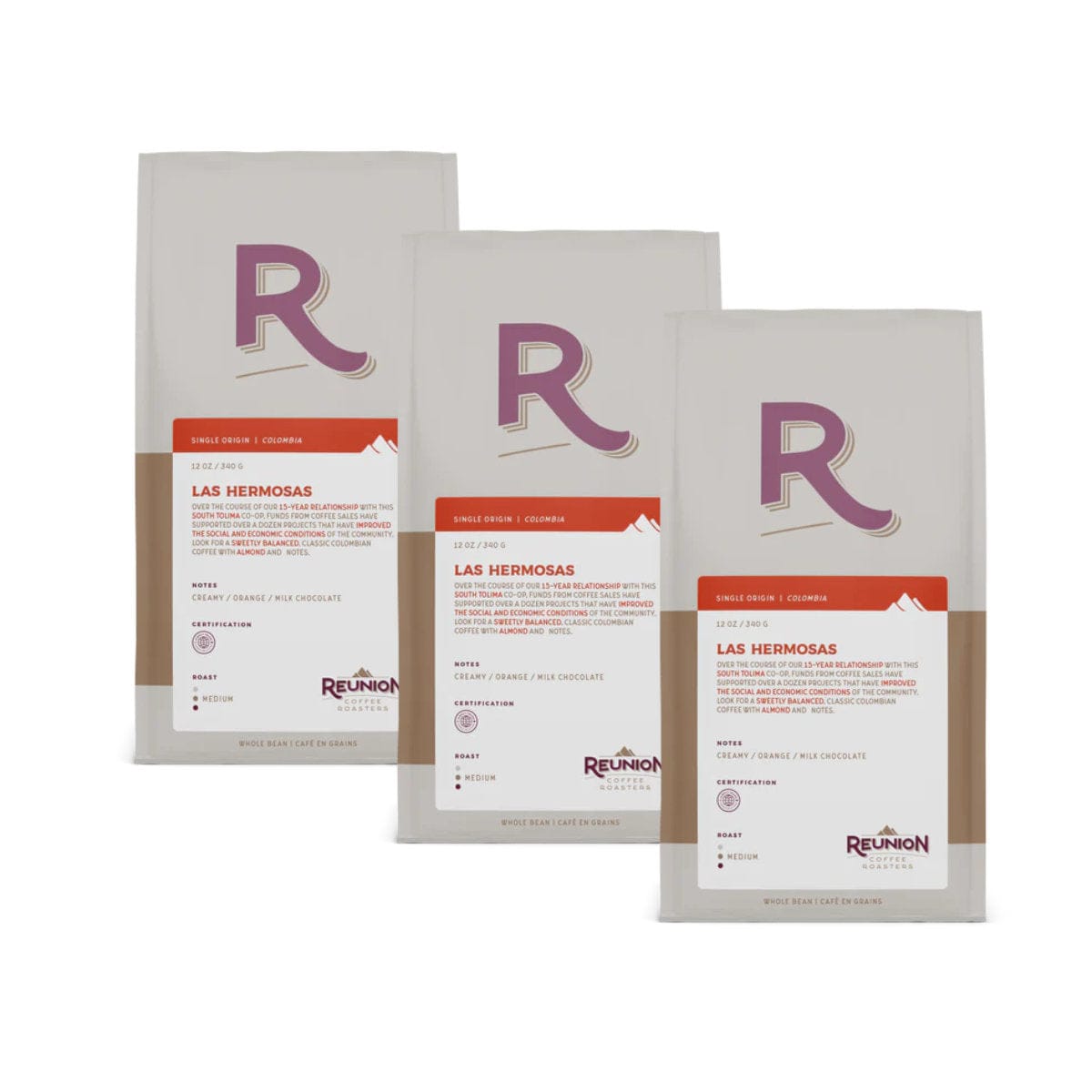 Reunion Island Colombian Las Hermosas Whole Bean Coffee Value Pack (Box of 3) Whole Bean Coffee Reunion Coffee Roasters