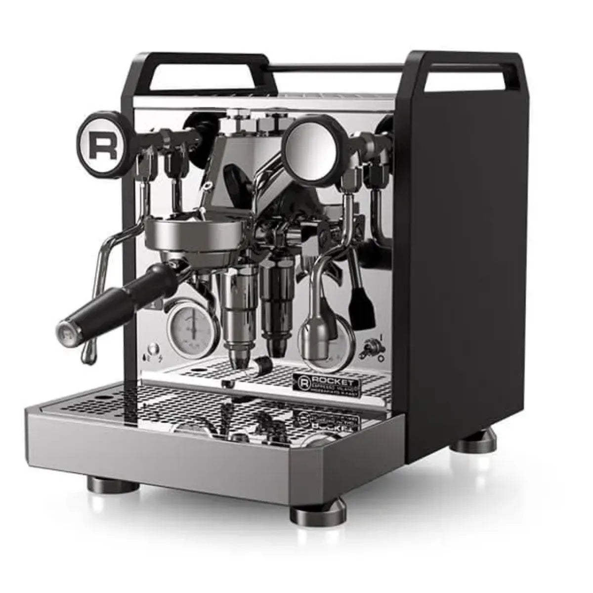 The Rocket Mozzafiato Fast Type R Espresso Machine RE852E3B12 (Black) by Rocket features stainless steel design, black side panels, pressure gauges, portafilter handle, and Rapid Heat-Up Technology for an enhanced brewing experience.