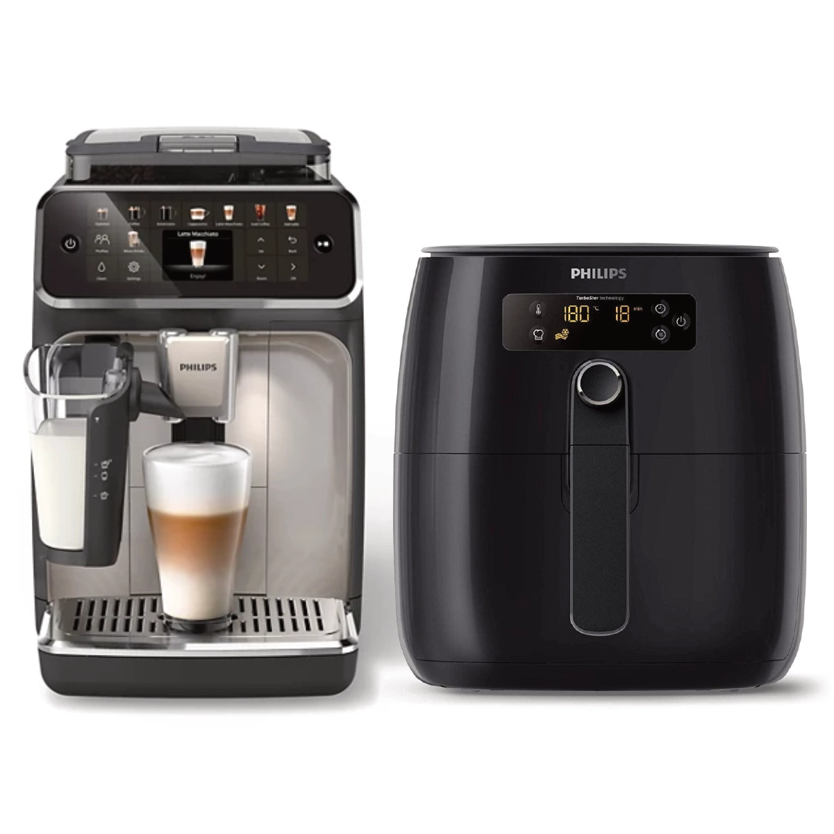 A Philips 5500 EP5544/94 coffee machine (Black Chrome) prepares a latte beside a Philips Digital Airfryer HD9621/96 (Black) with Fat Removal Technology, both shown on a white background.