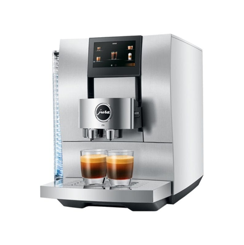 Sure! Here’s a revised version of your sentence using the provided product data: The Jura Z10 Aluminum White Super Automatic Hot Coffee & Espresso, Cold Brew, & Specialty Beverage Machine (model 15361) features a sleek modern silver design with a digital display and the Jura logo displayed prominently on the front. It can prepare two cups of coffee simultaneously and includes an advanced Product Recognising Grinder for precise coffee preparation.