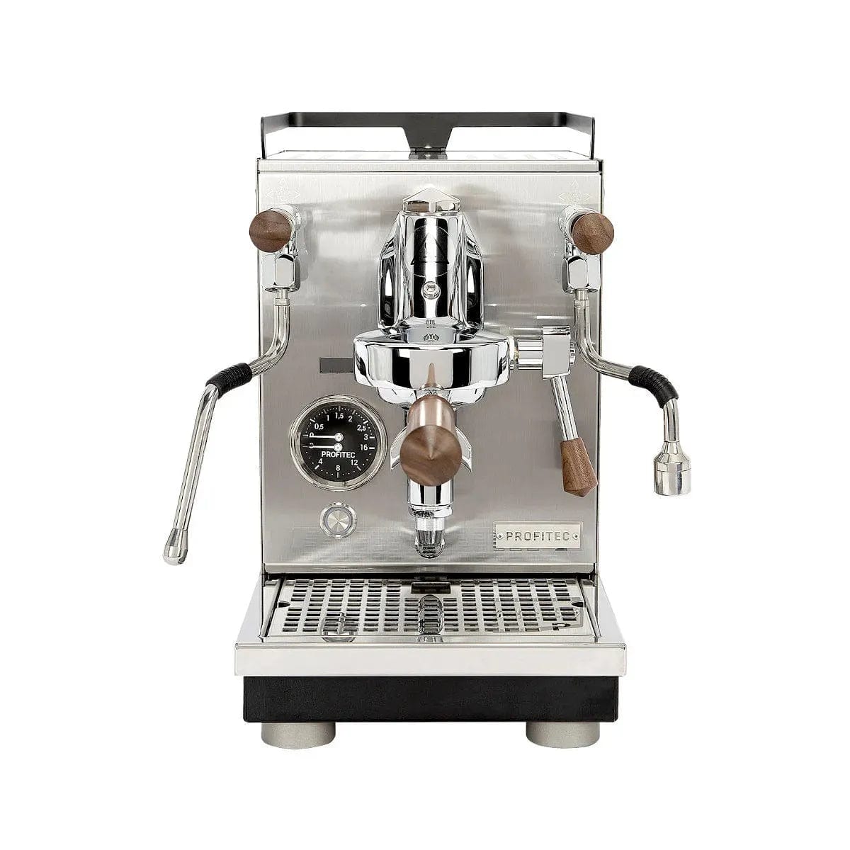 The Profitec Jump Espresso Machine & DF64 Grinder "Ready To" Bundle features a stainless steel espresso machine with brown wood bottomless portafilter, WDT tool, dosing funnel, scale, and a black grinder with Red Speed titanium burrs.