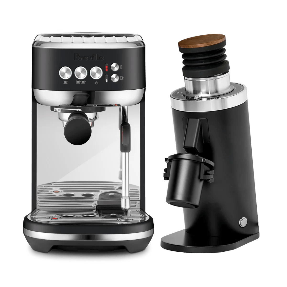 Breville The Bambino Plus Espresso Machine BES500BTR (Black Truffle), DF64 Gen 2 Grinder (Black) and Portafilter Bundle Espresso Machine Breville