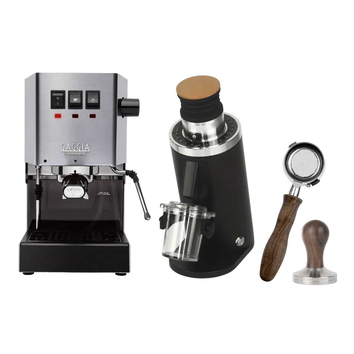 Gaggia Classic E24 Stainless Steel & DF54 (Black) Grinder, Bottomless Portafilter, & Tamper Bundle Espresso Machine Gaggia