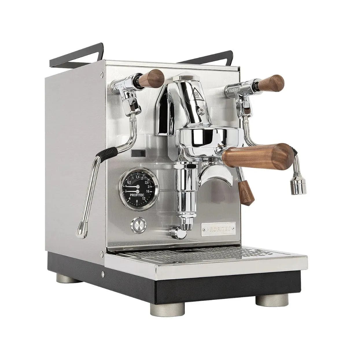 The Profitec Jump Espresso Machine features a stainless steel exterior with wooden handles, an E61 group head, pressure gauge, steam wand, cup tray, polished finish, and black base.