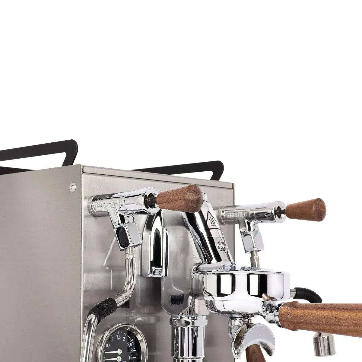 The Profitec Jump Espresso Machine, part of the white Profitec bundle with the DF64 Gen 2 featuring DLC burrs, showcases stainless steel construction with wooden handles, a pressure gauge, PID Temperature Control, sleek metal accents, and an E61 Group Head for precision. The background is plain white.