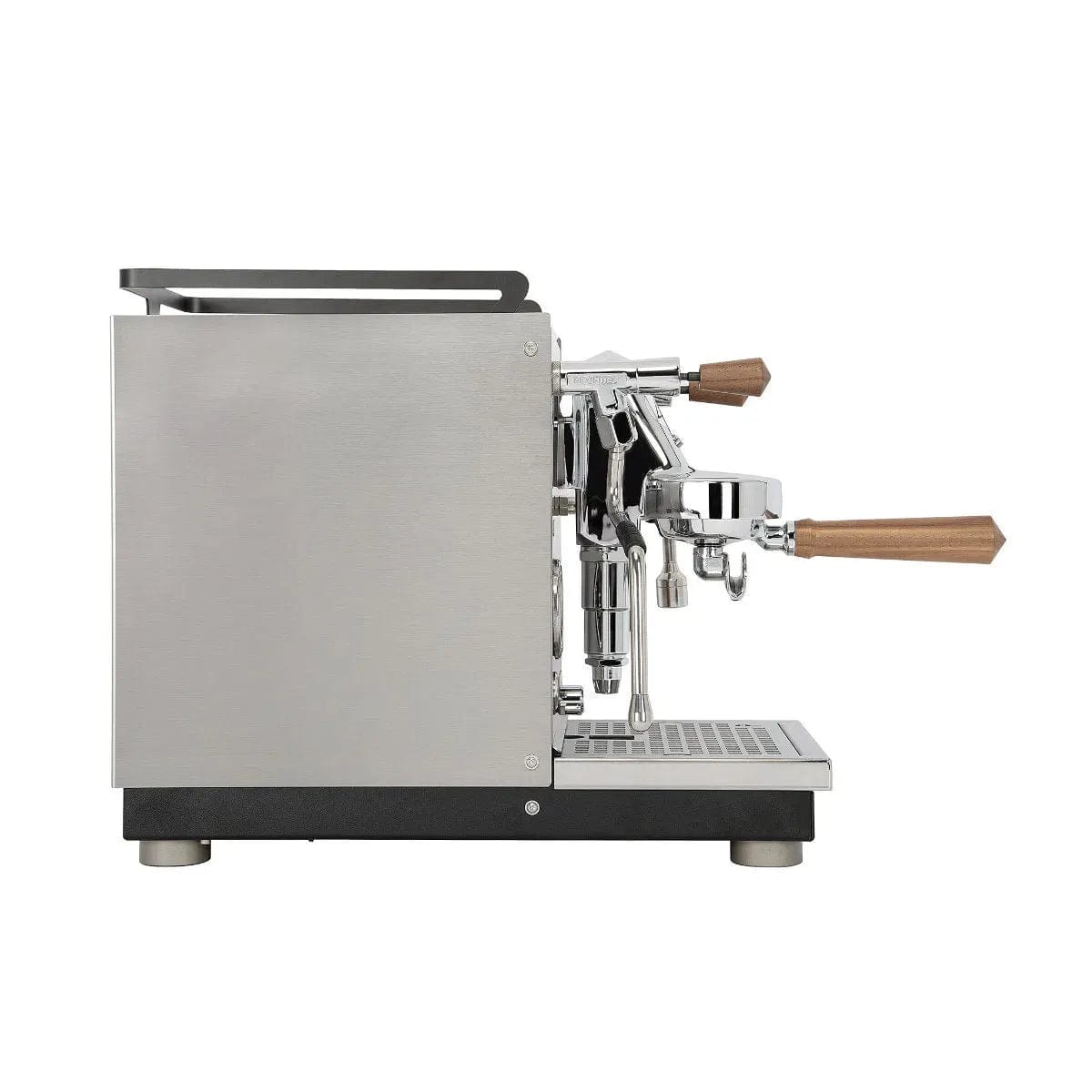 The Profitec Jump Espresso Machine, part of the Profitec brand and bundled with DF64 Gen 2 w/ DLC Burrs (White), features a sleek silver design with polished metal body, wooden handles, and E61 Group Head. Its minimalist style and functionality are highlighted by four small legs.