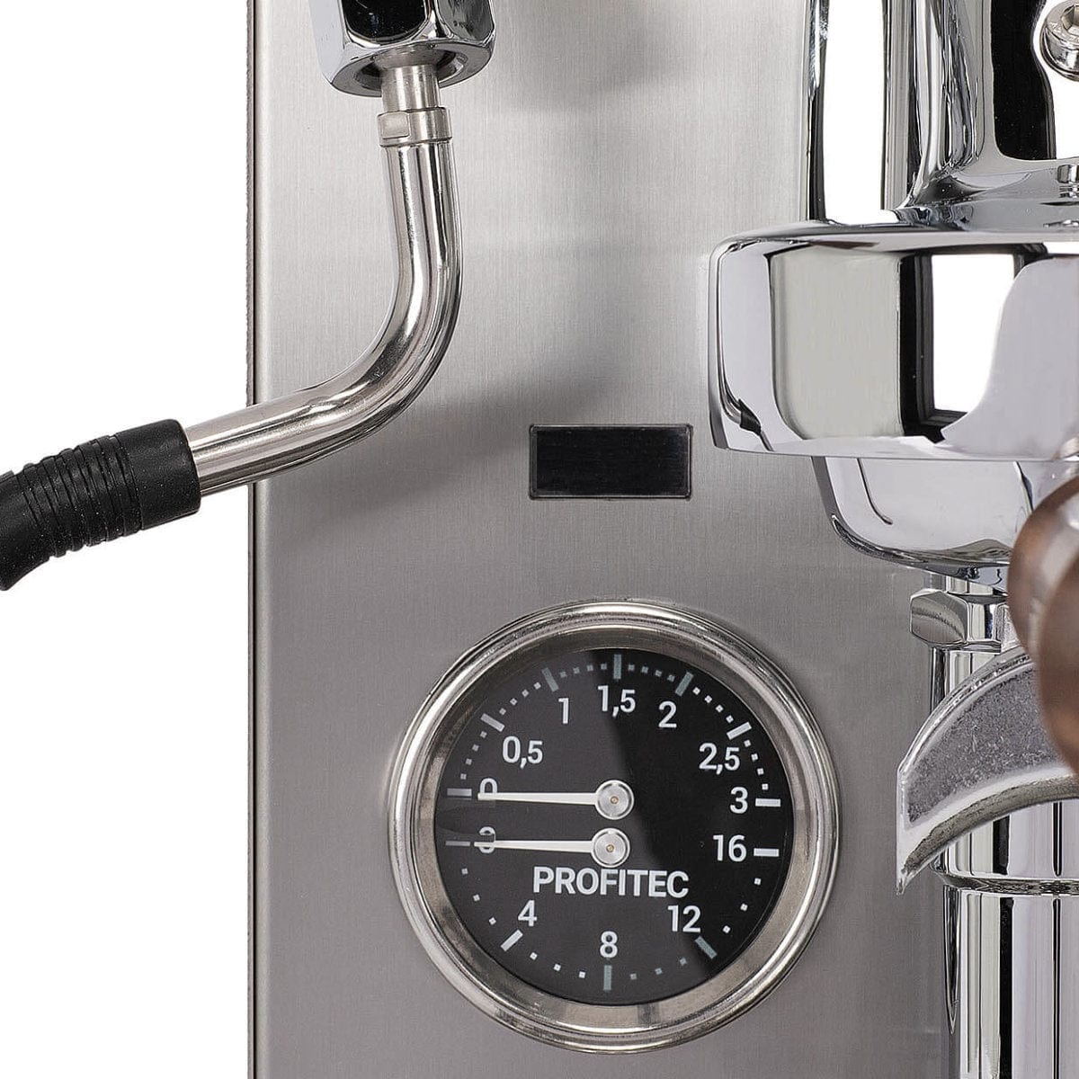 Close-up of the Profitec Jump Espresso Machine & DF64 Grinder "Ready To" Bundle, featuring a Profitec-labeled pressure gauge, steam wand, and portafilter. Includes Red Speed Titanium Burr grinder, WDT tool, scale, dosing funnel, and brown wood bottomless portafilter.