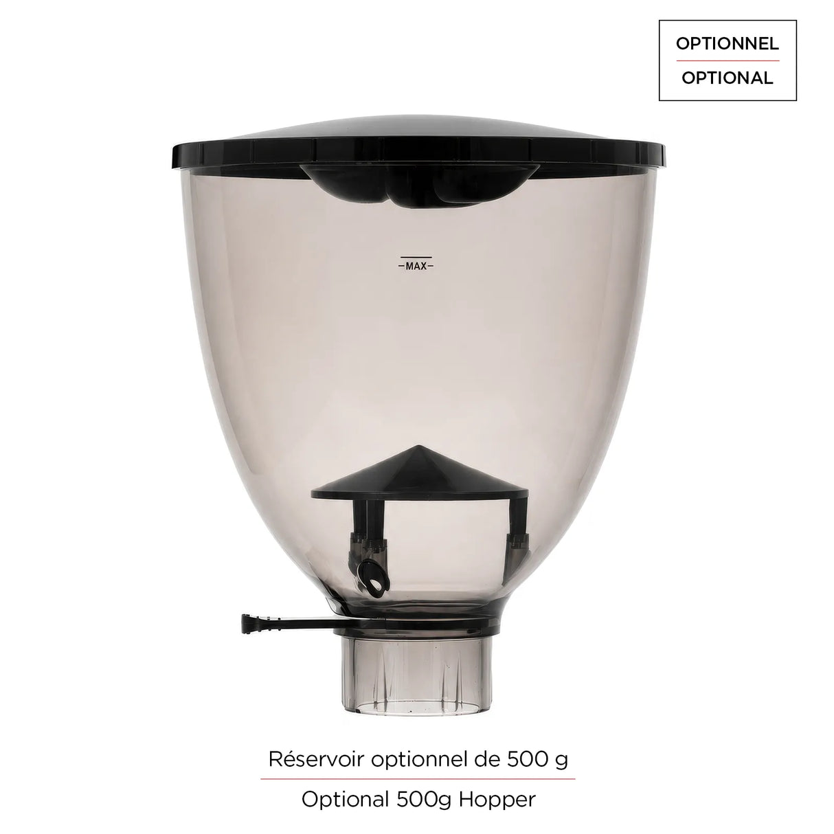 The Bellucci Preciso Mini Coffee Grinder (Stainless Steel) features a transparent plastic 500g hopper with black lid and spout. French/English labels show it's an optional accessory for your home espresso setup or on-demand coffee grinder.