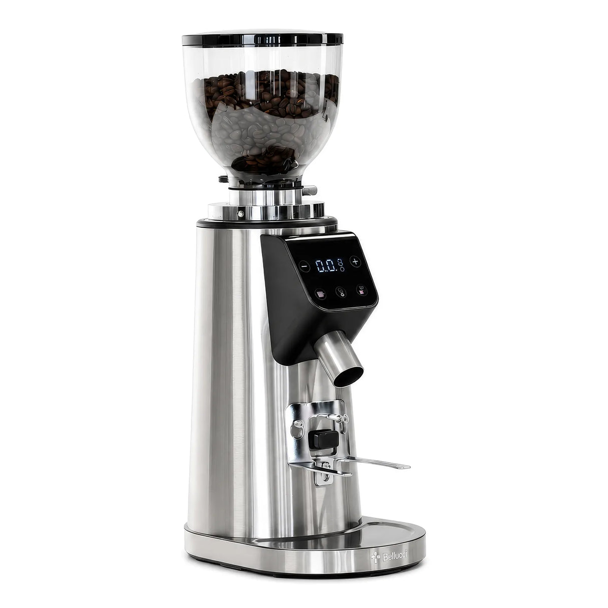The Bellucci Preciso Mini Coffee Grinder by Bellucci features 64mm flat burrs, a stainless steel body, transparent bean hopper, digital display, control buttons, and a coffee dispensing spout—ideal for home espresso lovers.
