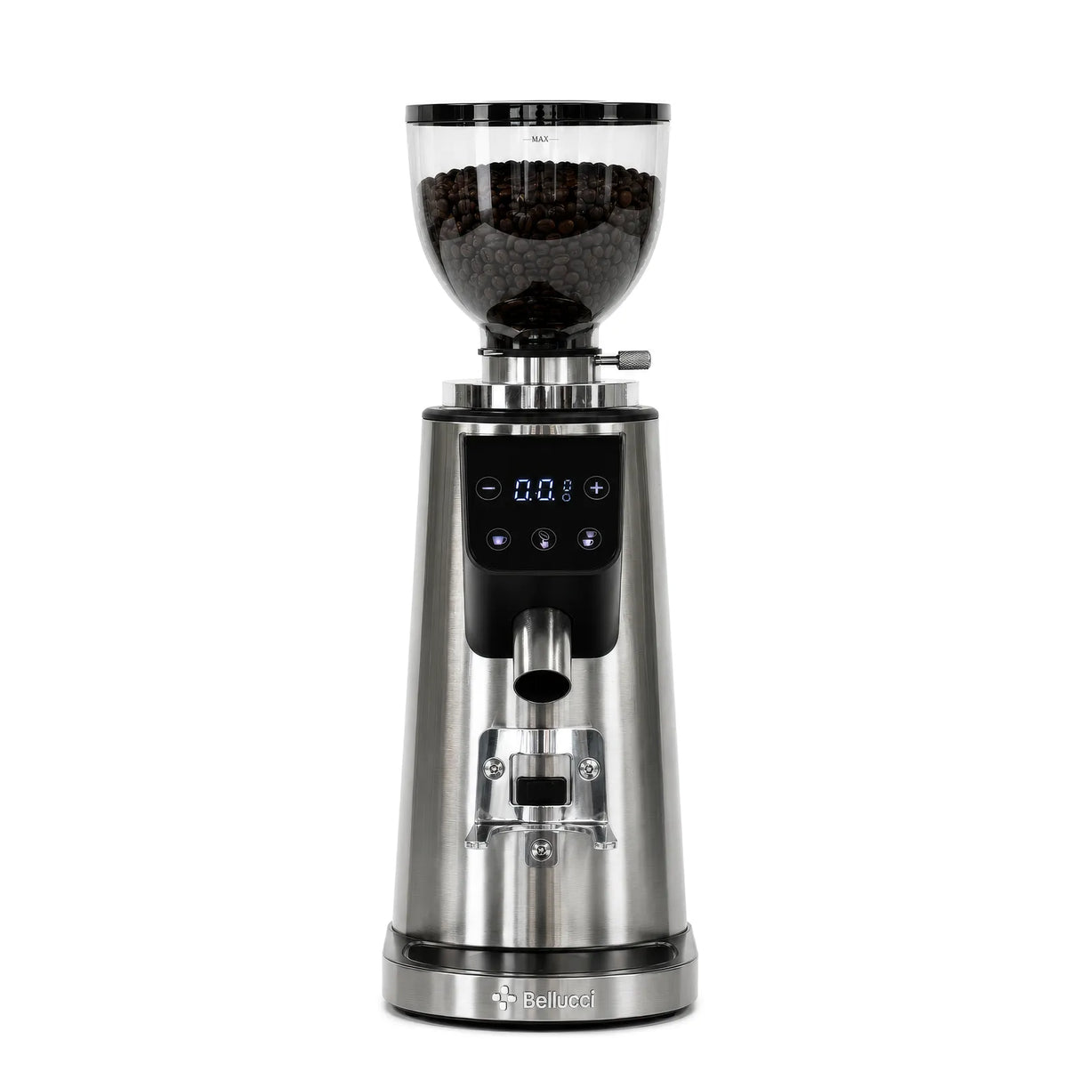 The Bellucci Preciso Mini Coffee Grinder (Stainless Steel) features a digital display, transparent bean hopper, front control buttons, and 64mm flat burrs for precise espresso grinding. "Bellucci" is displayed at the base.