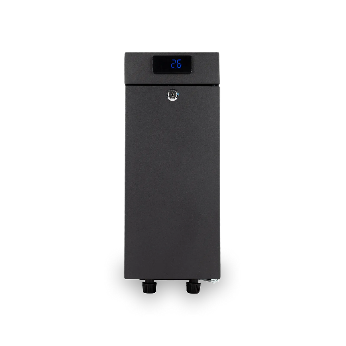 The Bellucci Milk Fridge 2.6L (Black) by Bellucci is a sleek black rectangular appliance with a digital display reading “25” and touch screen temperature controls. It features a lock below the display and two connectors at the bottom, making it perfect for integration with commercial espresso stations or milk fridges. The product is shown against a plain white background.