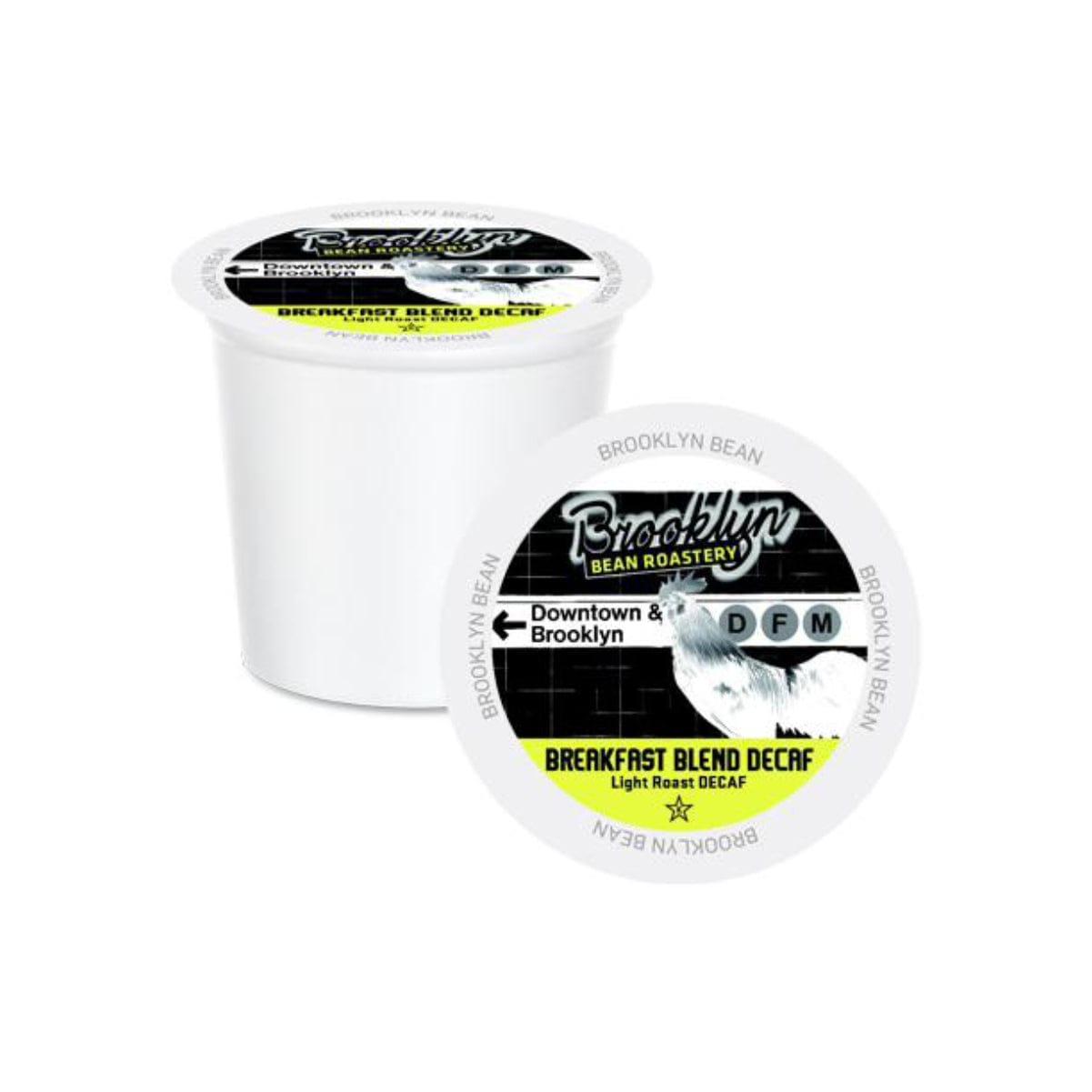 A Brooklyn Bean coffee pod designed for single-serve coffee makers. The label reads "Breakfast Blend Decaf, Light Roast" and features a white bear. The pod is primarily white with black and yellow text and designs. It comes in a box of 40 under the Brooklyn Bean brand.