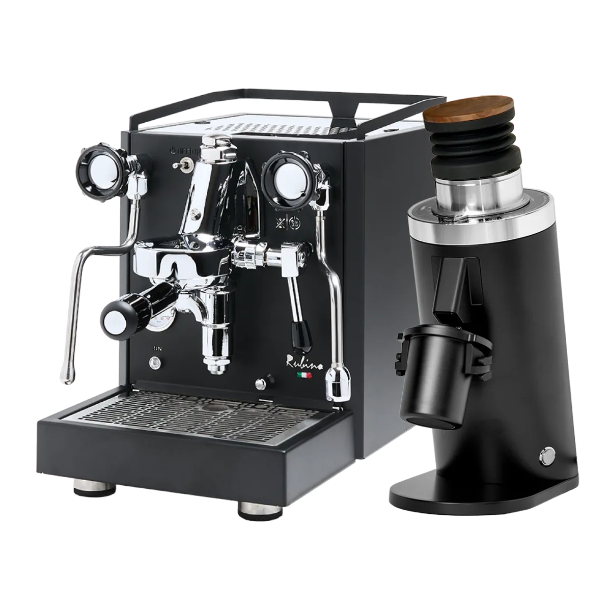 The Quick Mill Rubino Espresso Machine (Black) & DF64 Gen 2 Single Dose Coffee Grinder (Black) Bundle by Quick Mill, featuring chrome accents on the espresso machine and a wooden top on the grinder, is displayed elegantly together against a white background.