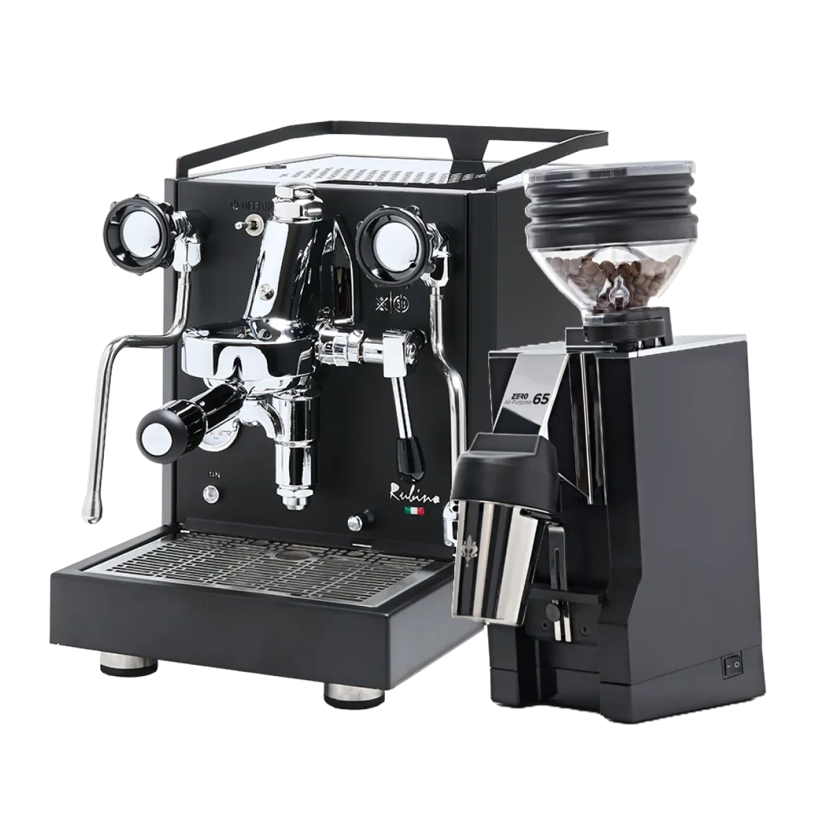 The Quick Mill Rubino Espresso Machine (Black) & Eureka Mignon Zero 65 All Purpose Grinder (Black) Bundle by Quick Mill features a sleek espresso machine with dual spouts and a steam wand alongside the versatile single-dose grinder, both elegantly displayed on a white background.