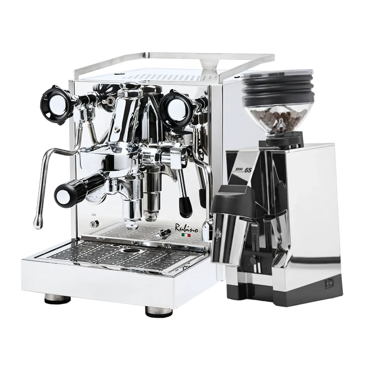 The Quick Mill Rubino Espresso Machine (Stainless Steel) & Eureka Mignon Zero 65 All Purpose Grinder (Chrome) Bundle by Quick Mill is pictured on a white background, with the espresso machine’s dual gauges and the chrome grinder filled with beans, creating the ideal setup for single-dose espresso enthusiasts.