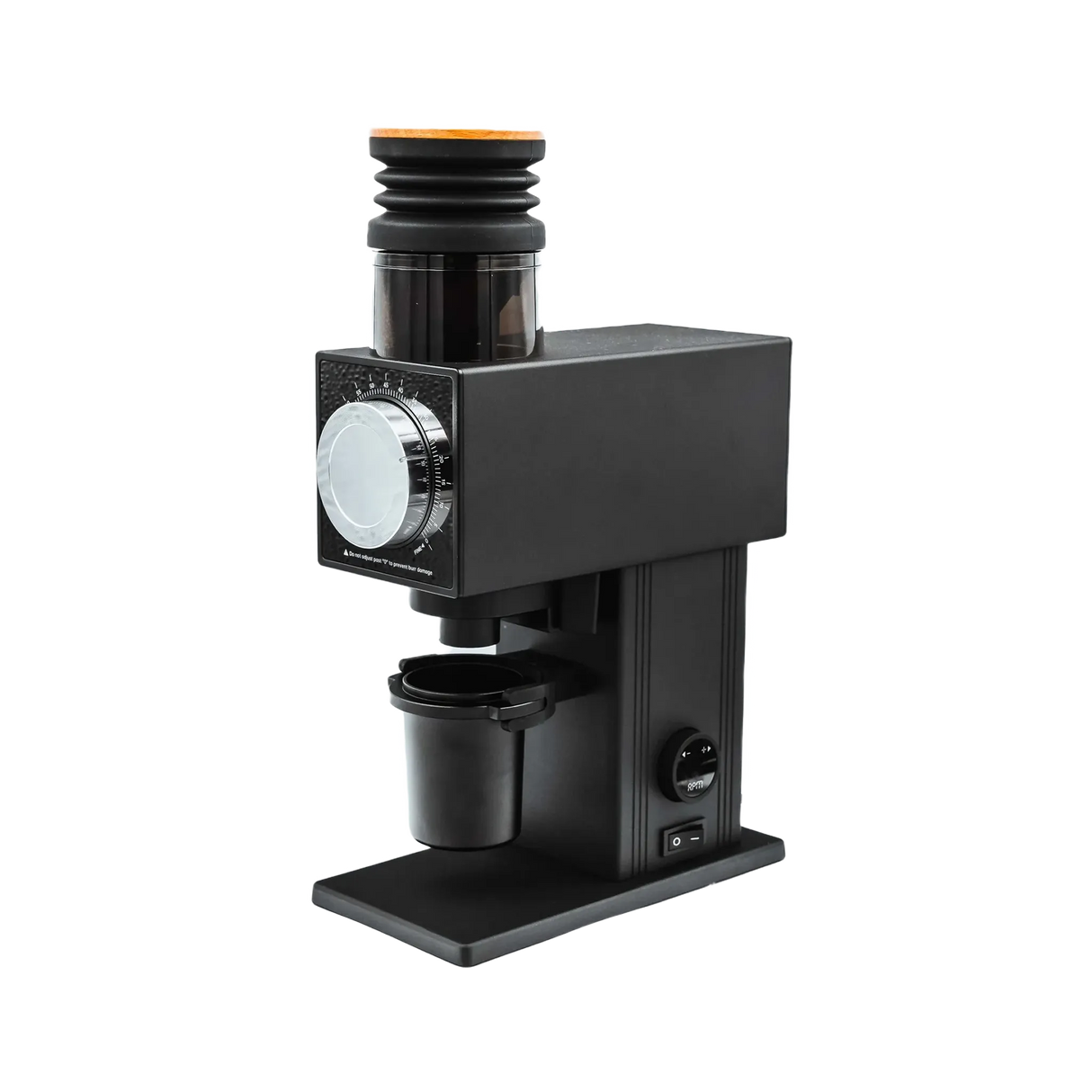 The DF Grinders CF64V Variable Speed Single Dose Coffee Grinder with DLC Burrs (Black)—a showroom unit—features a clear bean hopper, large silver adjustment dial, and black grounds container, shown against a plain white background. In store pickup only.