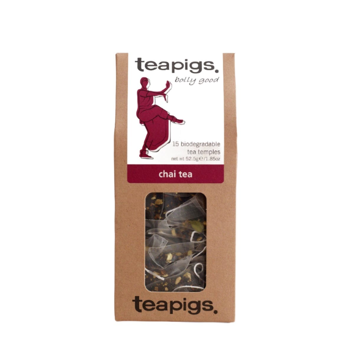 A box of TeaPigs Chai Tea Loose Leaf Tea Sachets, featuring a woman in a dance pose on the label. The label includes text indicating "15 biodegradable tea temples" with a net weight of 52.5g (1.86oz). The window on the package shows the Assam black tea bags inside, promising a deliciously spicy tea experience.