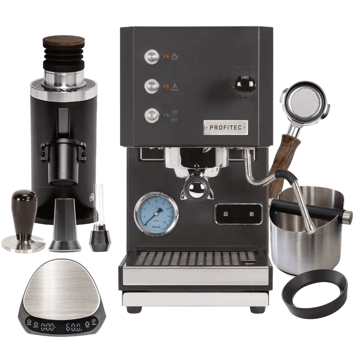 Profitec Go (Black) & DF64 Grinder with Red Speed Titanium Burr (Black) WDT tool, Brown Wood Bottomless Portafilter, Scale, Knock Box, Dosing Funnel "Ready To" Bundle Espresso Machine Profitec