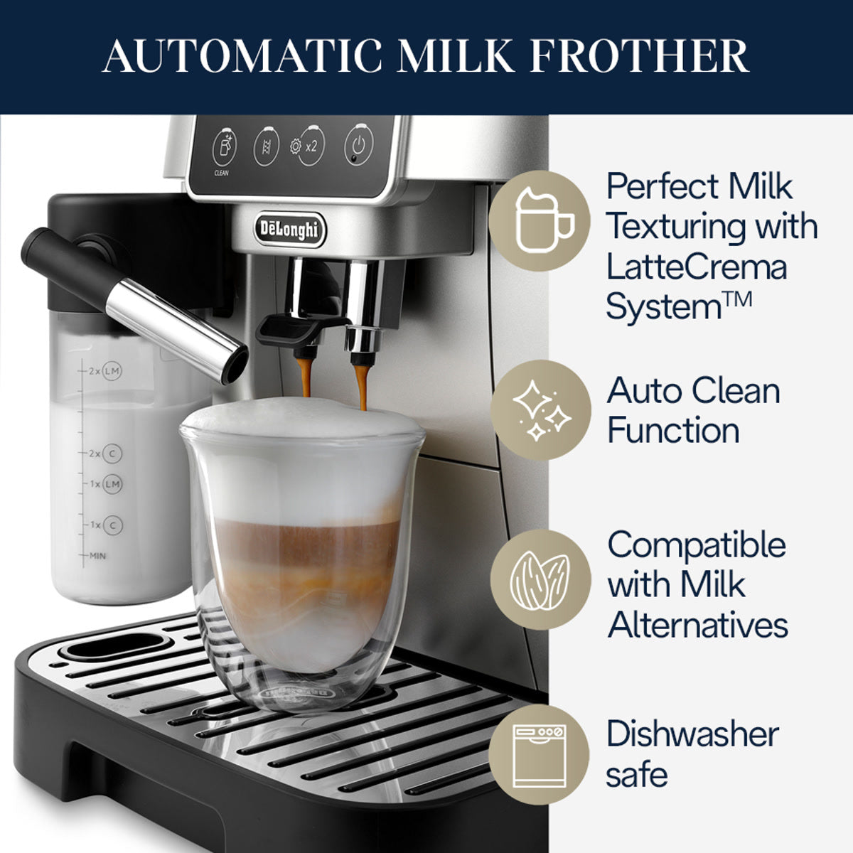 The DeLonghi Magnifica Start Super Automatic Espresso Machine with LatteCrema System ECAM22080SB (Silver) features an automatic milk frother that dispenses rich, creamy frothed milk directly into your glass. Enjoy perfect milk texturing with the advanced LatteCrema System for a consistently creamy finish, easy auto-cleaning, compatibility with a variety of milk alternatives, and dishwasher-safe components.