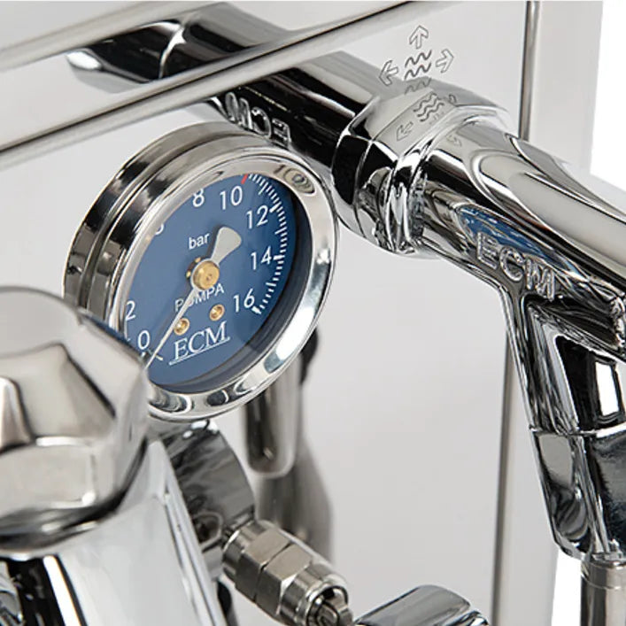 Close-up of the ECM Technika VI Dual Boiler Espresso Machine with PID by ECM, showcasing a shiny chrome finish, blue ECM-labeled pressure gauge, and detailed mechanical components with engraved icons.
