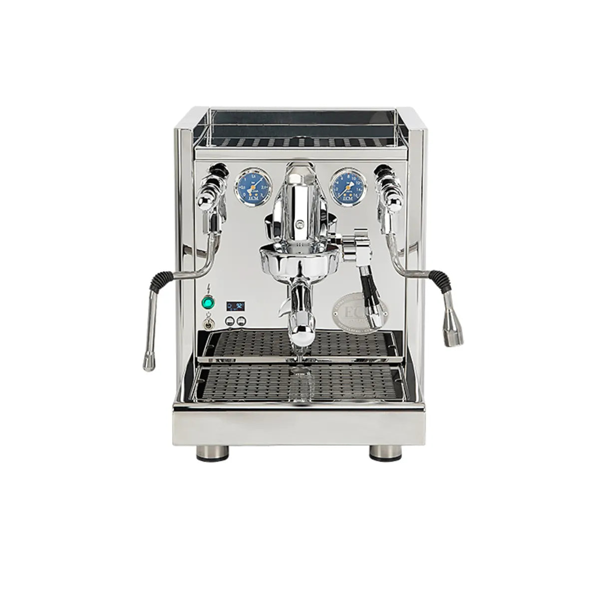 The ECM Technika VI Dual Boiler Espresso Machine w/ PID by ECM features stainless steel construction, dual boilers, PID temperature control, two pressure gauges, steam and hot water wands, and multiple control knobs—shown front-facing on a white background.