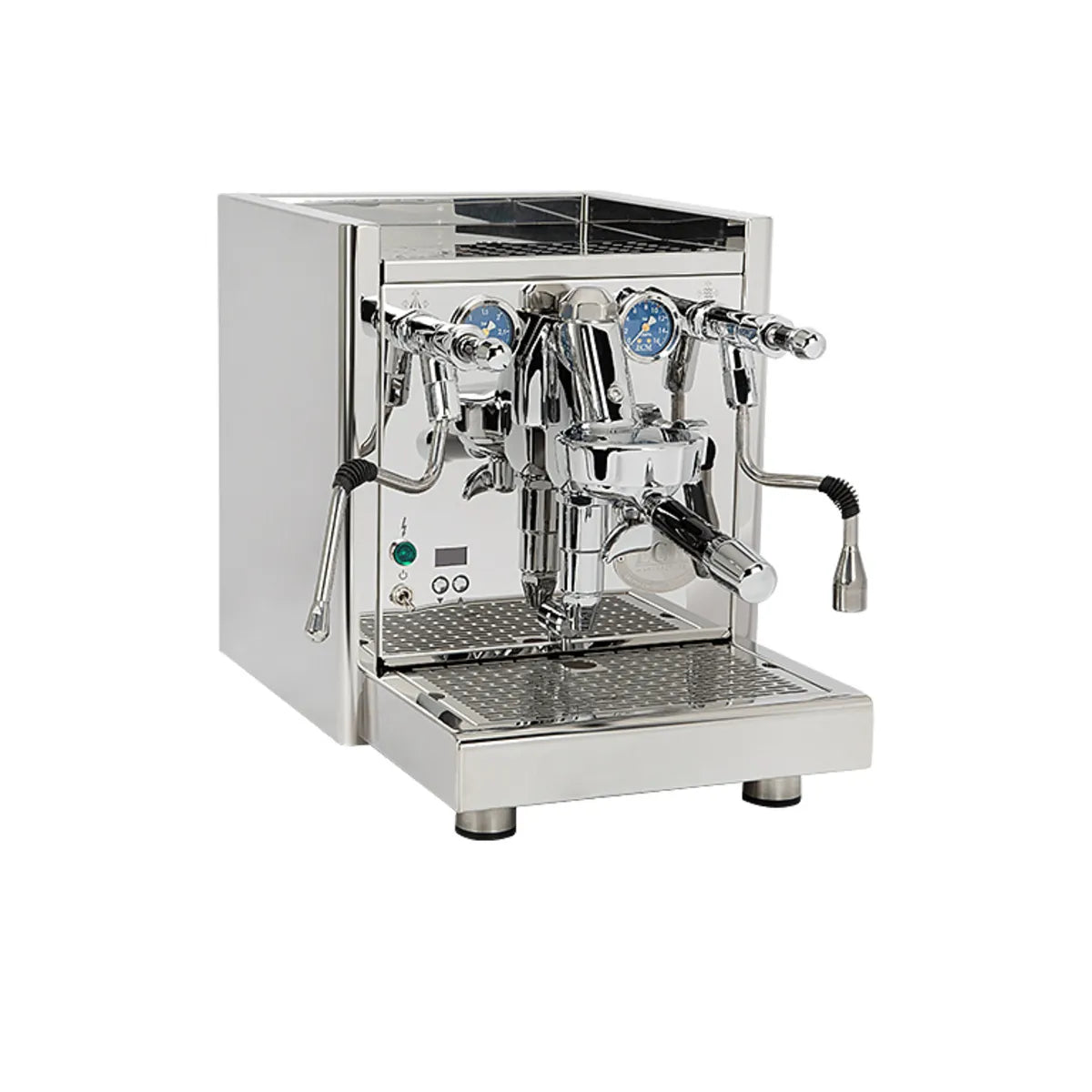 The ECM Technika VI Dual Boiler Espresso Machine w/ PID by ECM features stainless steel construction, dual boilers, PID temperature control, dual gauges, a portafilter, steam wand, and control knobs—all shown on a white background.