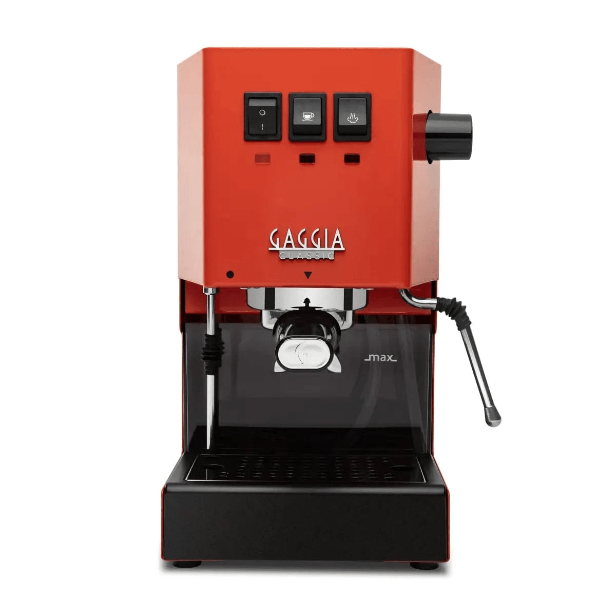 A Gaggia Classic Evo Pro Espresso Machine RI9380/53 in Lobster Red / Orange, featuring three control buttons on the top, a steam wand on the right, and a portafilter holder in the center. The machine is supported by a black base with a small drip tray at the bottom, ensuring professional results every time.