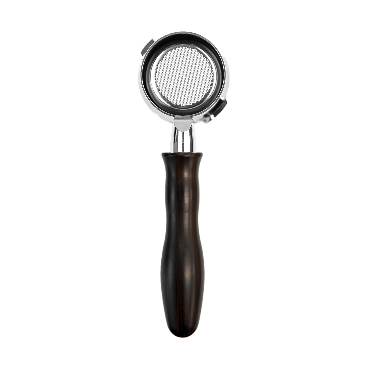 The HCS Bottomless Portafilter (Brown Wood) by HCS features a dark wooden handle and metal filter basket, shown from above on a white background.