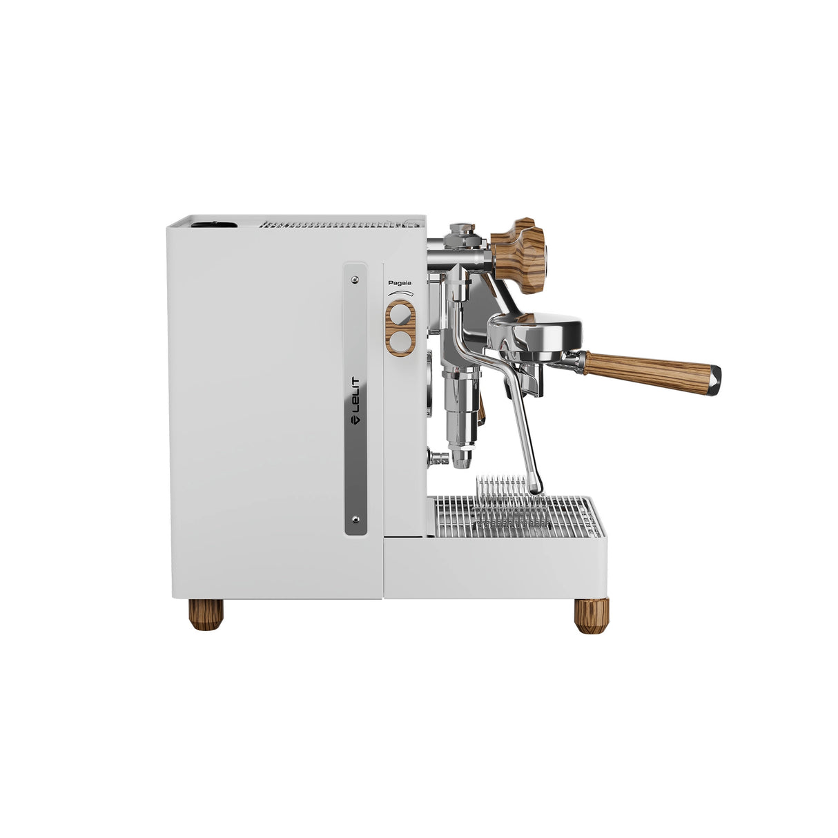 Side view of the Lelit Mara X3 Semi-Automatic Heat-Exchange Espresso Machine PL62X3 (White) by Lelit, featuring a white body and wooden accents on the portafilter handle, steam knob, and legs against a plain white background.