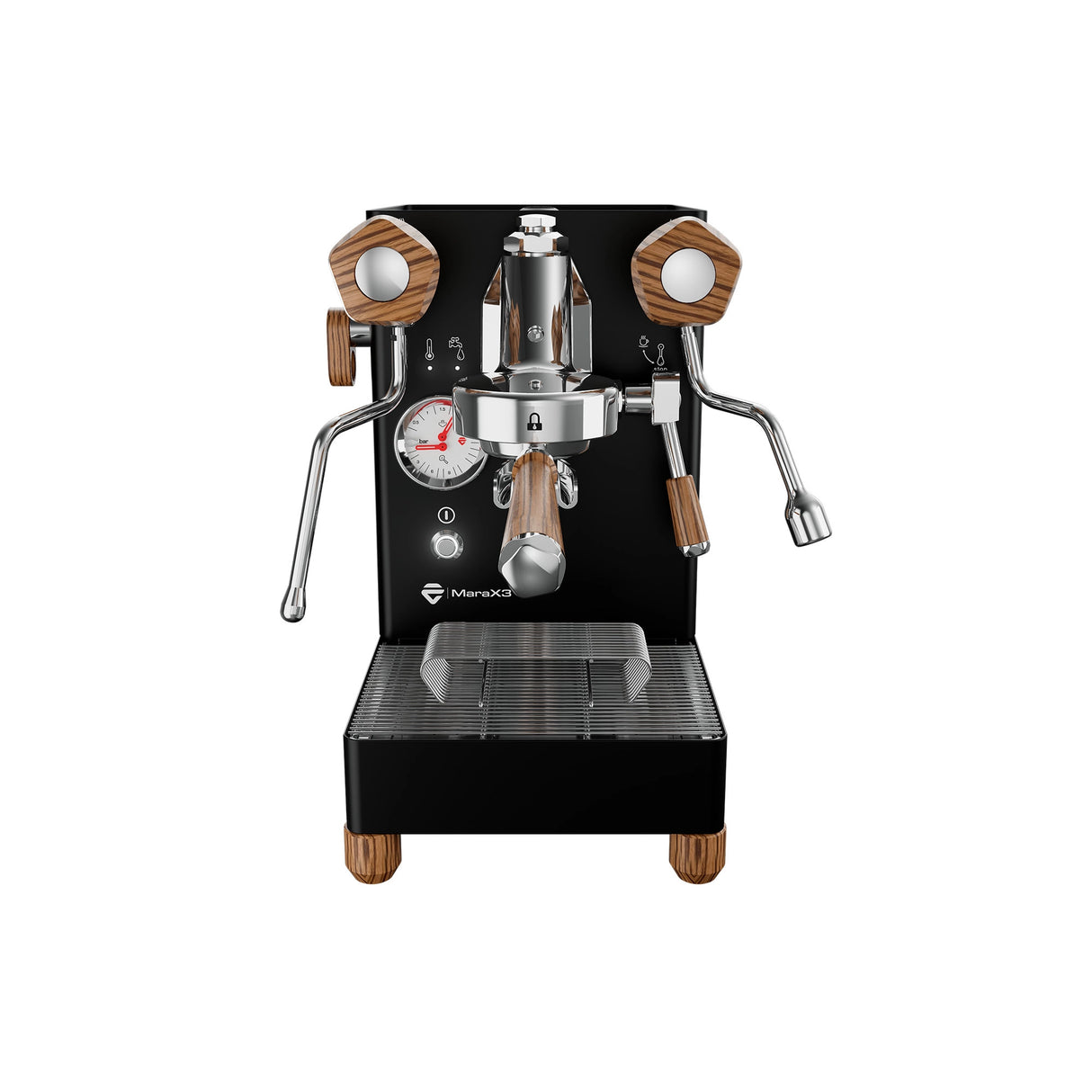 The Lelit Mara X3 Semi-Automatic Heat-Exchange Espresso Machine PL62X3 (Black) features a modern black body, wood handles and feet, pressure gauge, dual levers, electronic flow control, and a metal drip tray—shown on a white background.