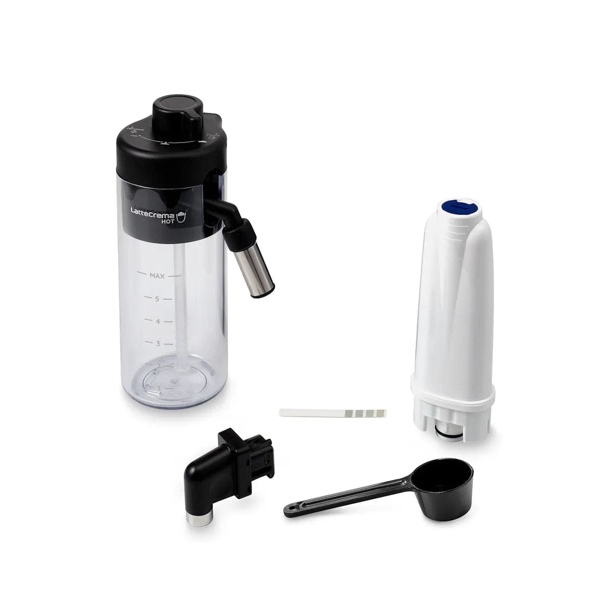 Accessory set for DeLonghi Magnifica Evo (ECAM29084SB) includes a transparent milk container with black lid and spout, water filter, cup attachment, measuring scoop, and test strip—perfect for your espresso machine with LatteCrema System.