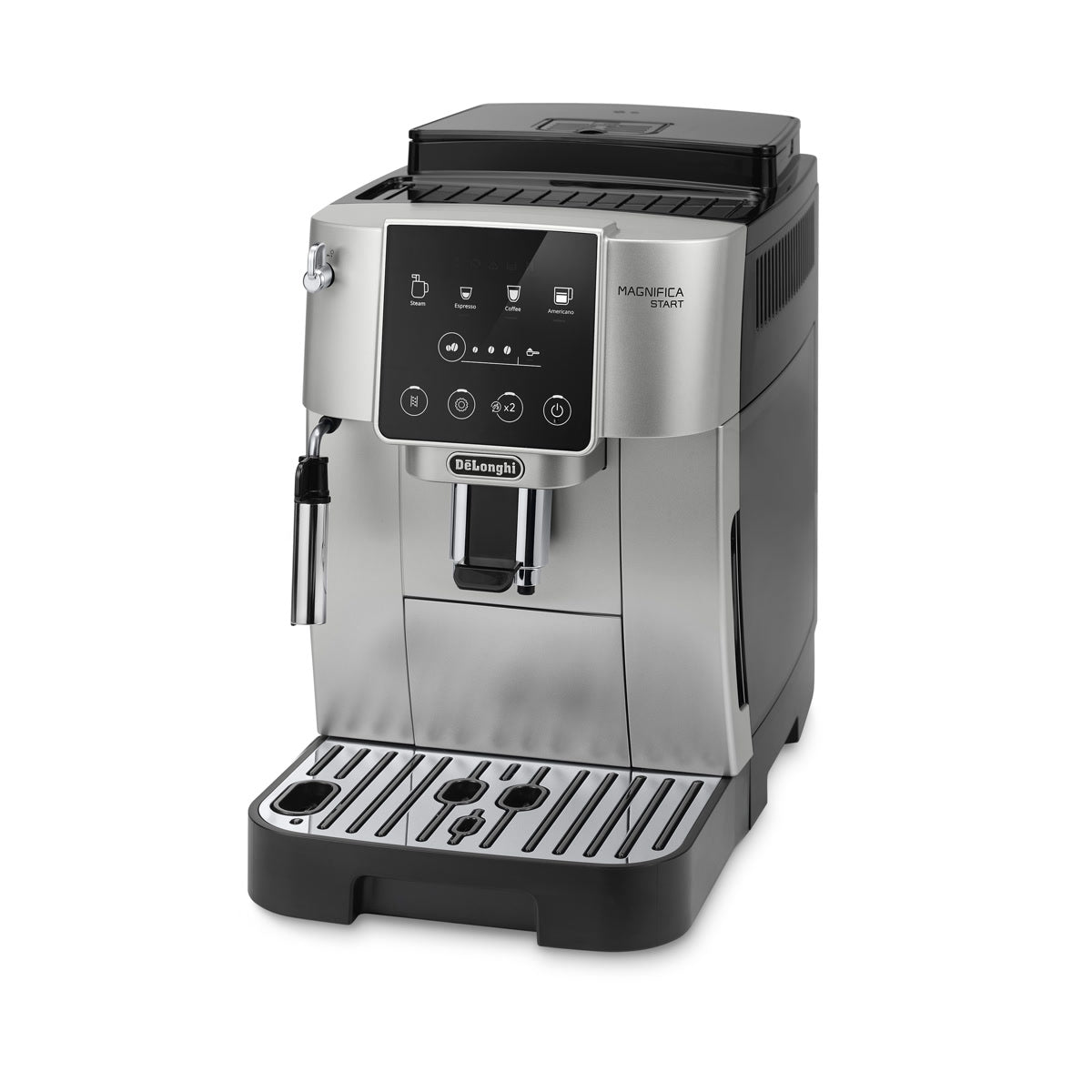 A DeLonghi Magnifica Start Super Automatic Espresso Machine ECAM22022SB in silver, featuring a digital control panel, built-in conical burr grinder, steam wand, and drip tray by DeLonghi, is displayed against a white background.