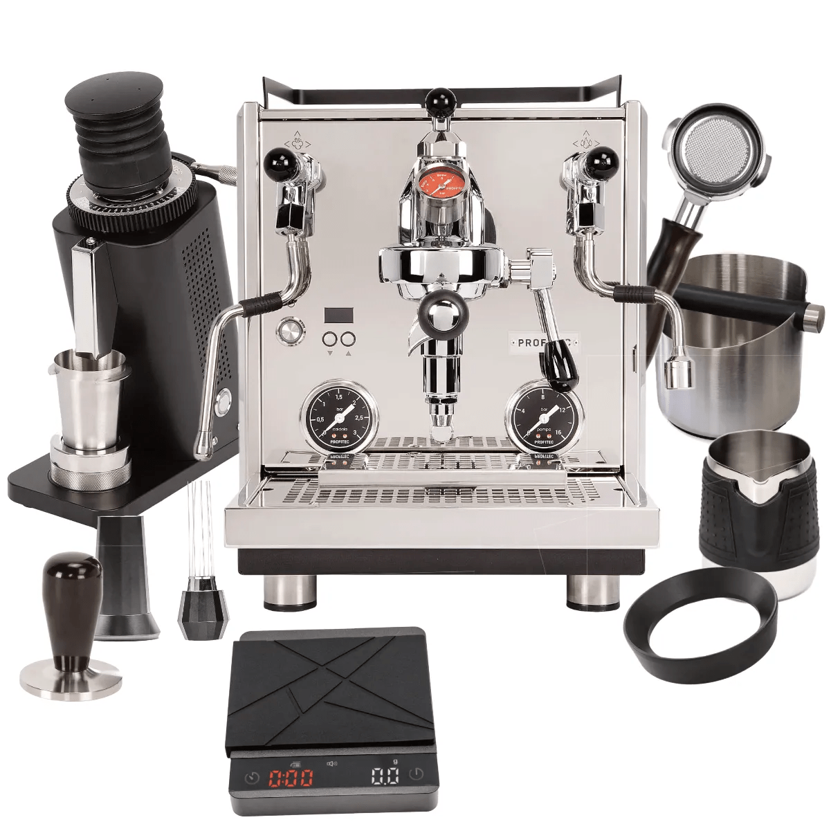 Profitec Drive Espresso Machine & Profitec Twist SD54 Grinder (Black), WDT tool, HCS Knock Box, HCS Bottomless Portafilter Black Wood, HCS Handless Milk Pitcher, Scale, Dosing Funnel "Ready To" Bundle Espresso Machine Profitec