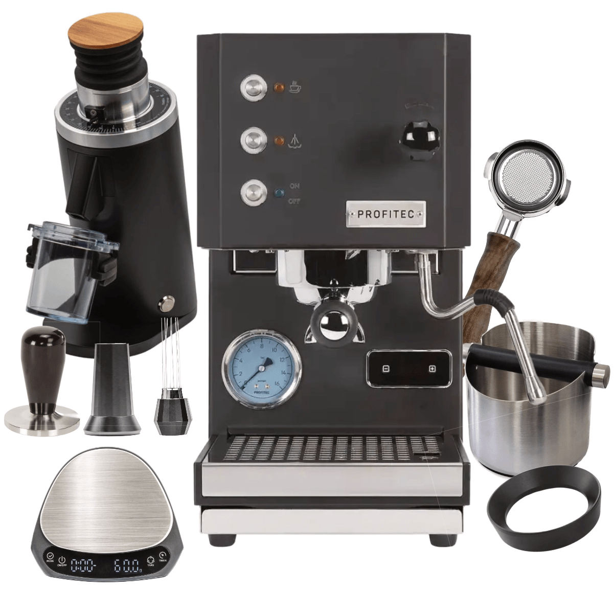 Profitec Go Espresso Machine (Black) & DF54 Grinder (Black), WDT tool, Brown Wood Bottomless Portafilter, Scale, Dosing Funnel "Ready To" Bundle Espresso Machine Profitec