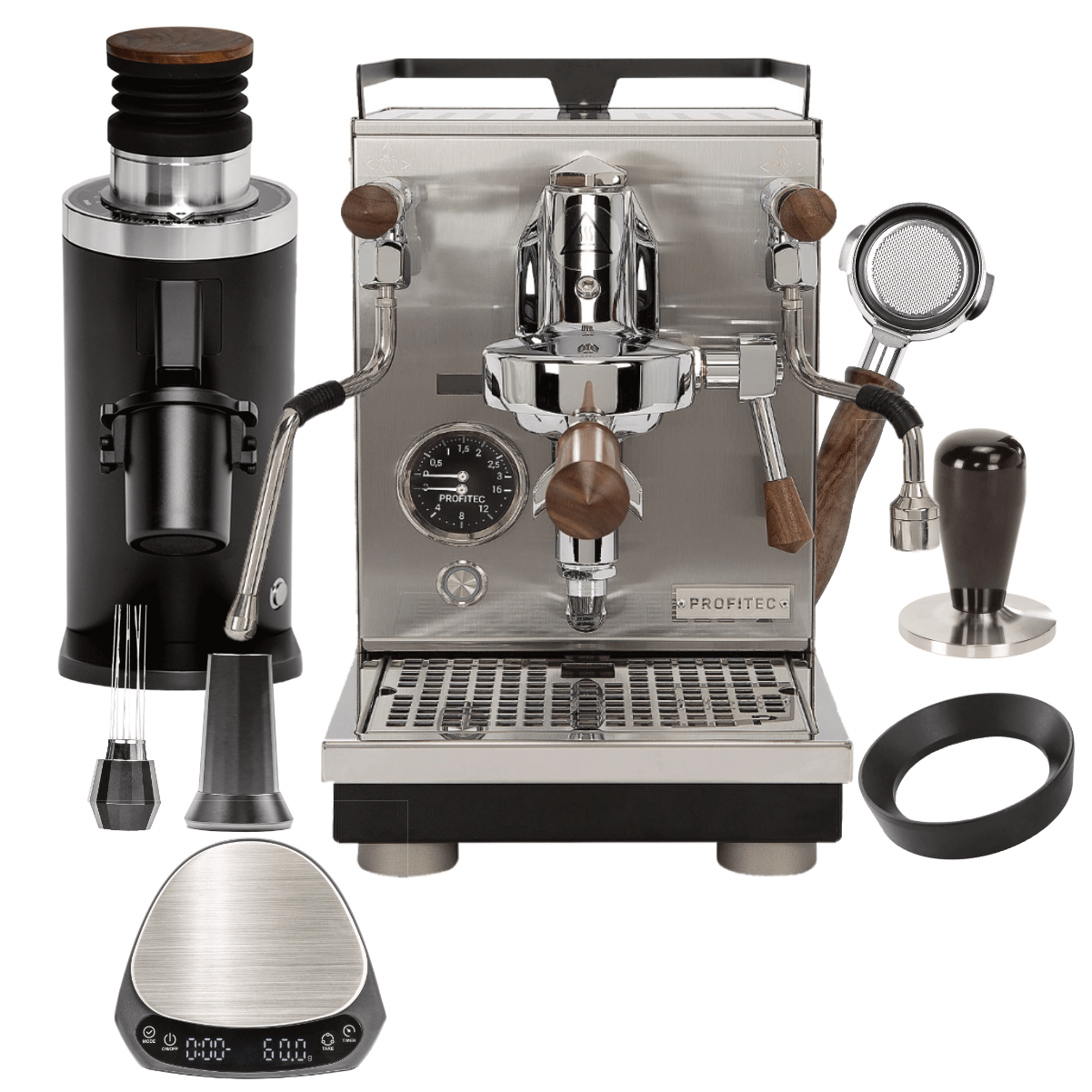 The Profitec Jump Espresso Machine & DF64 Grinder "Ready To" Bundle combines style and precision, featuring a black machine, Red Speed Titanium burr grinder, WDT tool, brown wood bottomless portafilter, scale, and dosing funnel.