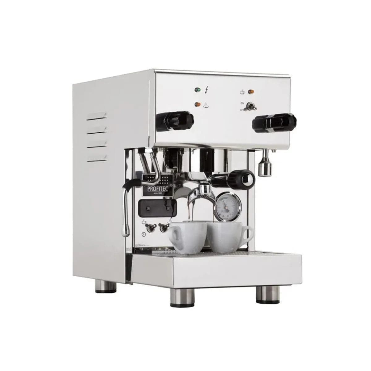 The stainless steel Profitec Pro 300 Dual Boiler PID Espresso Machine features dual knobs and a precise gauge in front. Two small white cups sit on the drip tray, with a steam wand ready on the side.