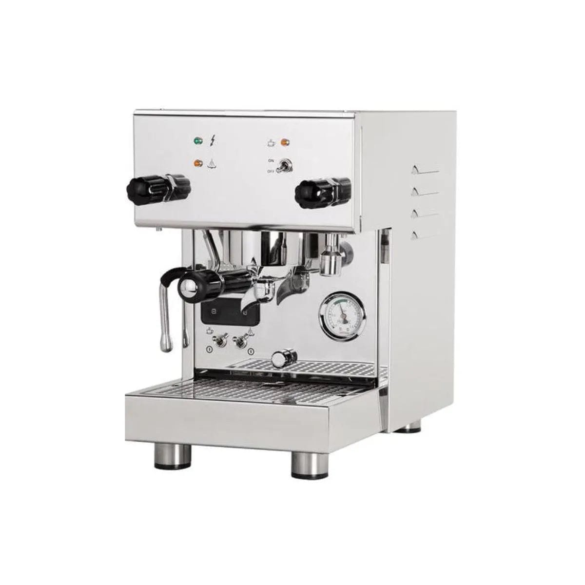 The Profitec Pro 300 Dual Boiler PID Espresso Machine features dual steam knobs, a pressure gauge, portafilter, compact design, drip tray, and left-side steam wand. Ideal for home or small coffee shops.