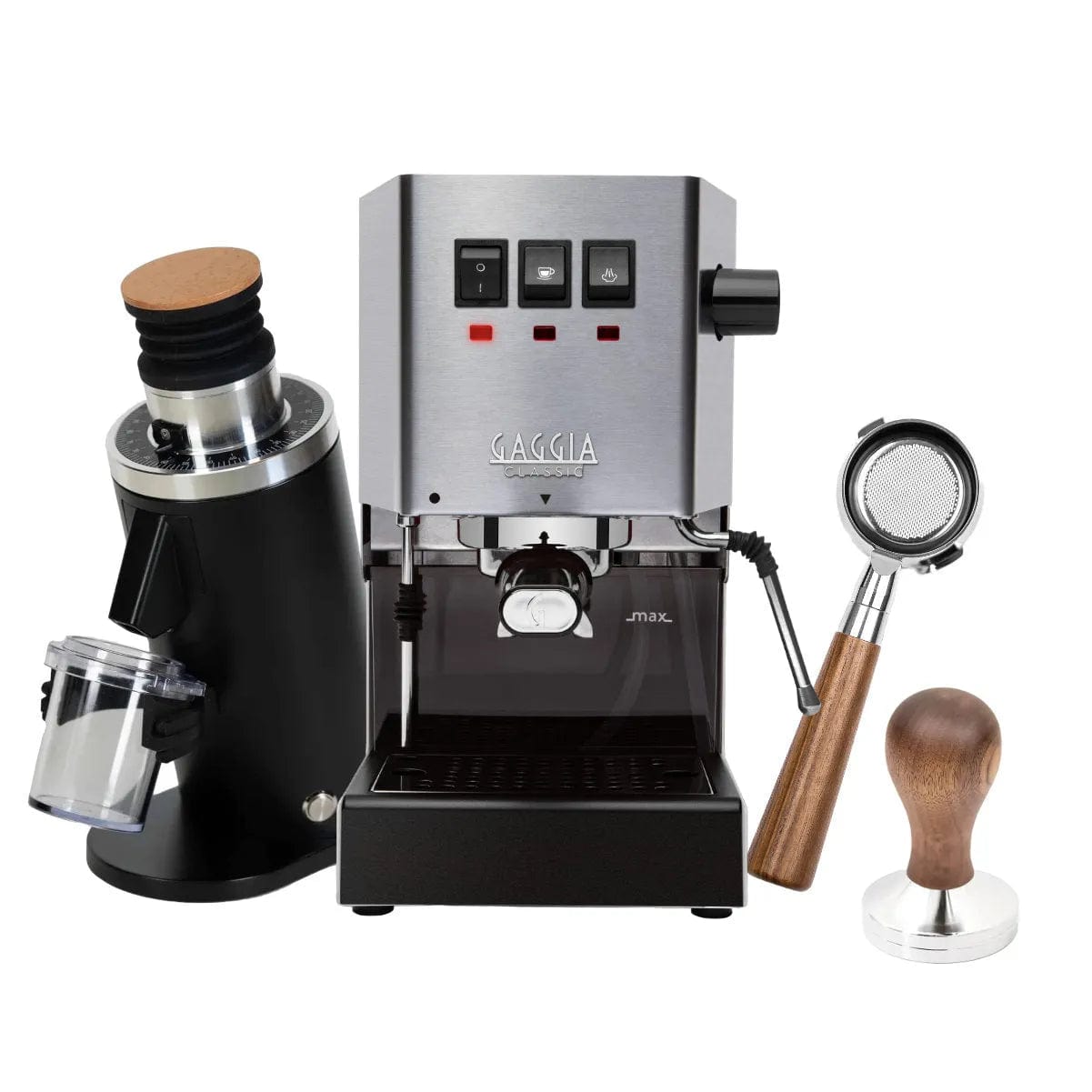 A Gaggia Classic E24 Stainless Steel coffee setup includes a DF54 black grinder with a transparent bean container, along with a bottomless walnut portafilter and tamper—beautifully displayed on a white background.