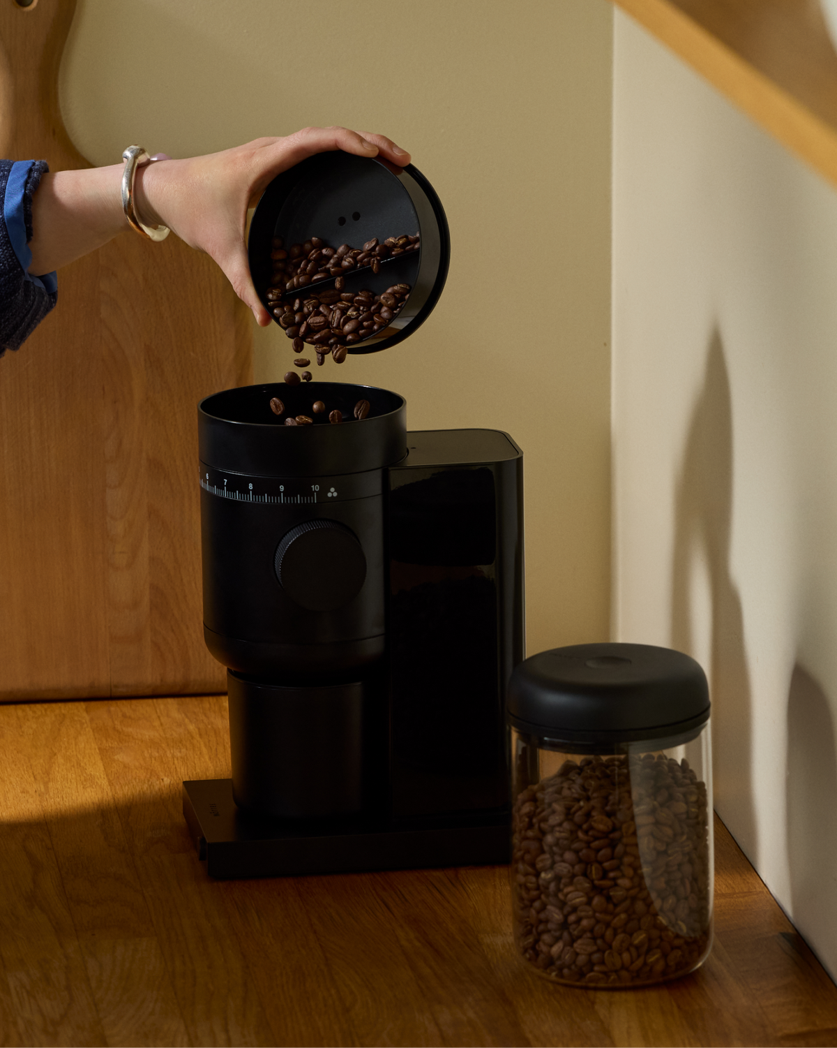Fellow Opus 2 Conical Burr Grinder in matte black with catch cups