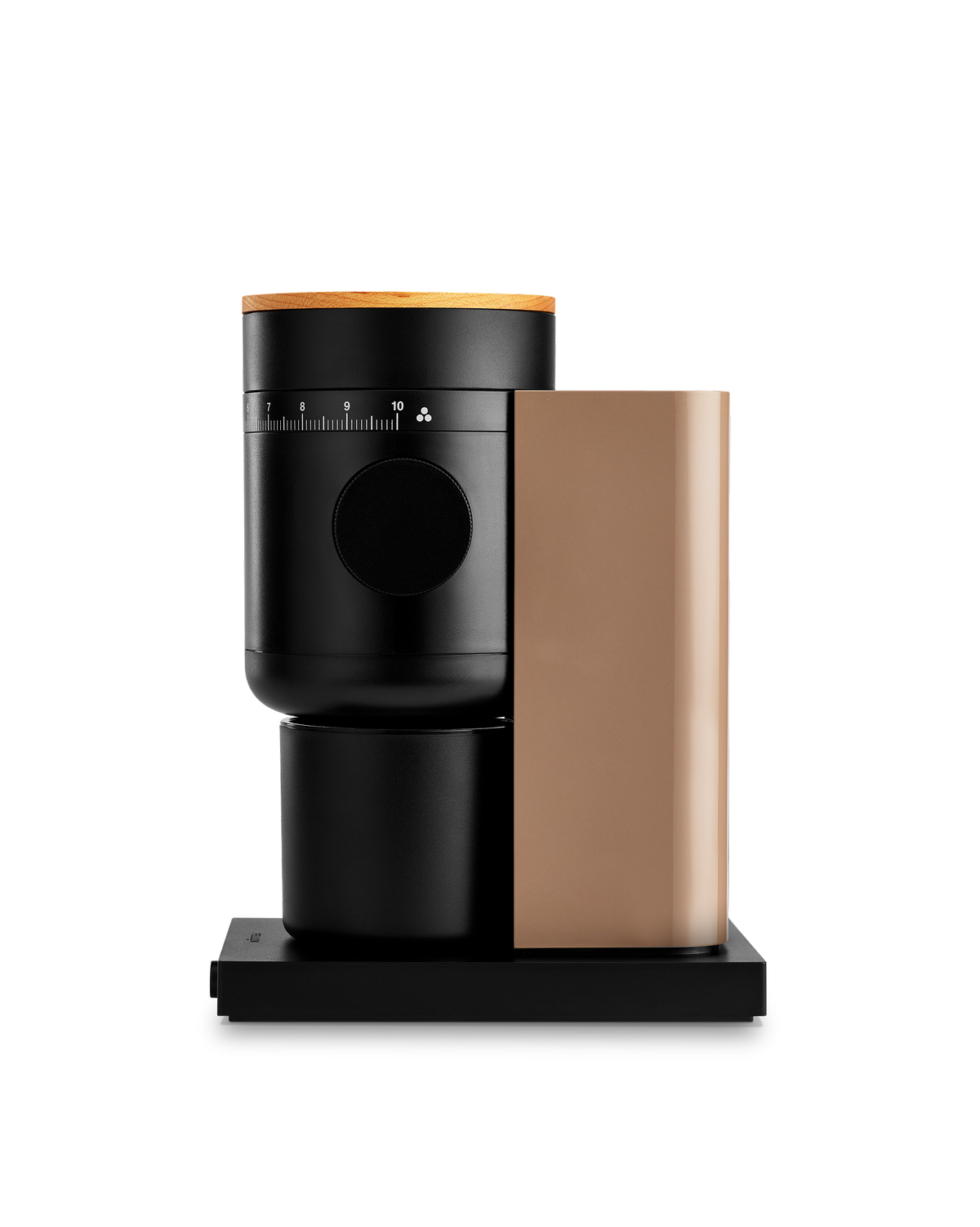 Fellow Opus 2 Conical Burr Grinder in malted chocolate with maple lid, front view
